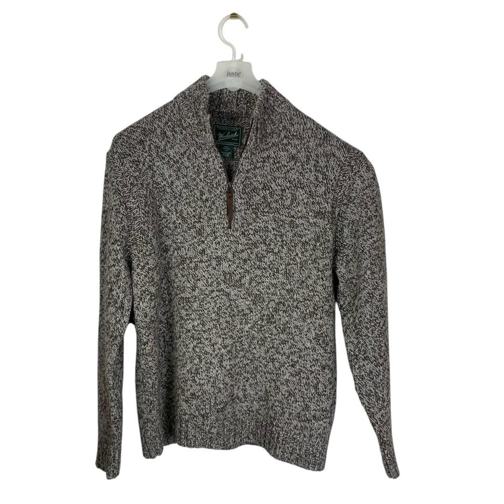 Woolrich Heathered Brown Grey Wool Blend Quarter Zip Sweater Mens L Rugged Style